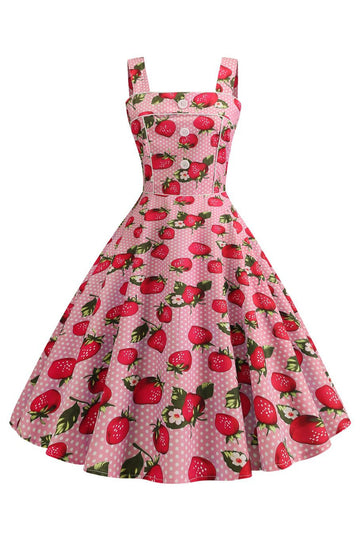 Morangos Estampado Vestido Azul Sem Mangas 1950